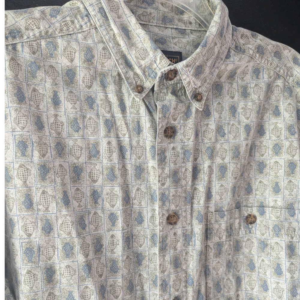 Vtg 90s Woolrich Fish Grid Print Long Sleeve Button Down Shirt Tan Fits Mens XL